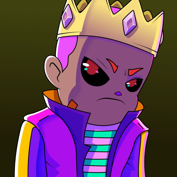 An anime-style illustration of a character wearing a gold crown with purple gems, a purple jacket, and a striped shirt, featuring intense red eyes with a slightly melancholic expression.