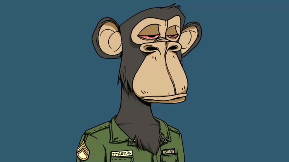 The image features a cartoon monkey wearing a green uniform, possibly representing an army or military officer. The monkey appears to be bored and has a sad expression on its face. The caption of the image reads "Is there an Bored Ape anonymous addiction group I can join. I feel like I stare at the feed way too much and I swear I’m not trying to buy a 4th ape." This message seems to be related to the post about the monkey, as it suggests that the person who posted this image might have an interest in monkeys or is seeking advice on how to deal with boredom.