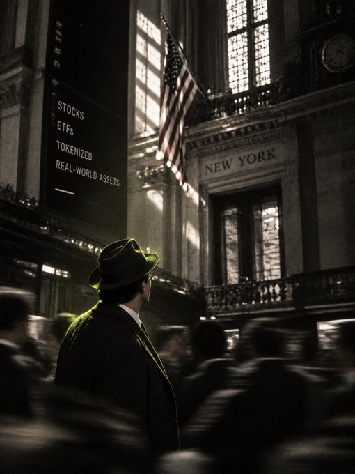 A man in a green hat and coat stands in the New York Stock Exchange as ghostly figures rush past; overlaid text reads "STOCKS, ETFs, TOKENIZED REAL-WORLD ASSETS."