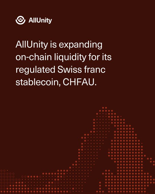 A graphic with the AllUnity logo and text stating 'AllUnity is expanding on-chain liquidity for its regulated Swiss franc stablecoin, CHFAU.' against a dark red background with a pixelated illustration.