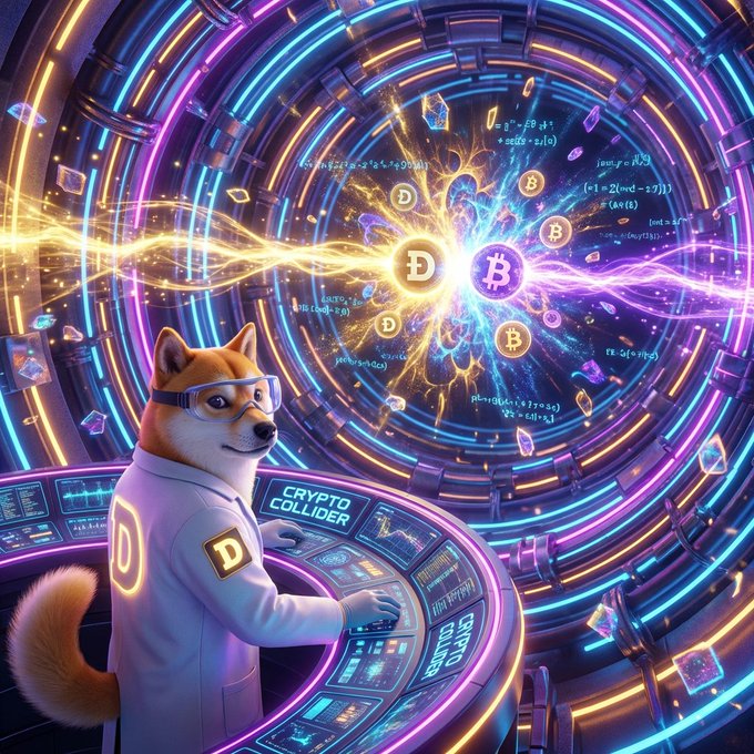 A digital artwork depicts a Shiba Inu dog wearing a lab coat and safety goggles, operating a high-tech control console labeled 'CRYPTO COLLIDER' amid swirling neon energy, floating cryptocurrency coins (Dogecoin and Bitcoin symbols), and mathematical equations.