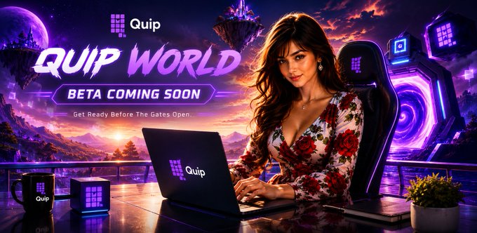 A 'QUIP WORLD' promotional banner announcing 'BETA COMING SOON,' featuring a woman at a gaming laptop with a futuristic purple landscape behind her.