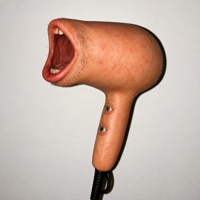 A surreal, fleshy hairdryer shaped like a human face with an open mouth and two eyes on the handle, snooping against a plain wall. The post humorously captures the uncanny, anthropomorphic appearance of the bizarre object, as if it were coming to life with an announcement.