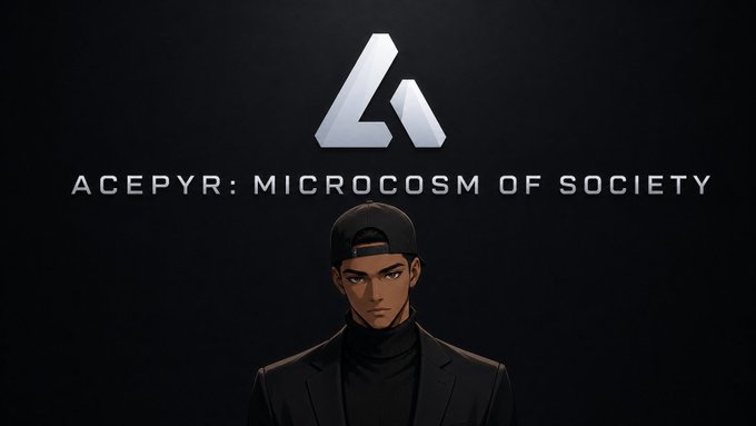 A dark promotional image with a silver 'A' logo and text 'ACEPYR: MICROCOSM OF SOCIETY' above an animated man in a black cap and turtleneck.