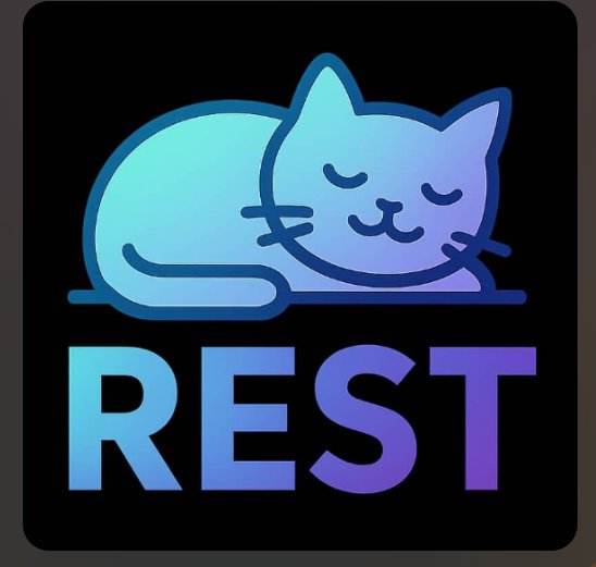 A digital icon featuring a sleeping, gradient blue-and-purple cat curled up above the text 'REST' on a black background.