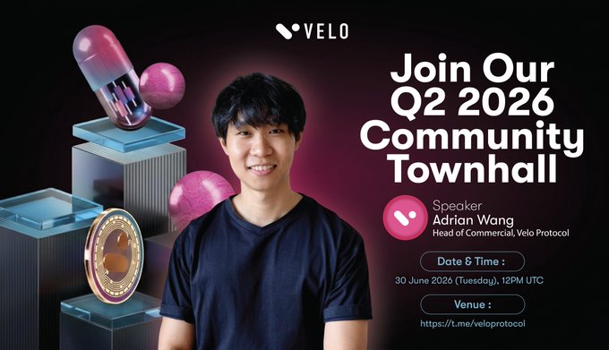 Promotional graphic for Velo Protocol's Q2 2026 Community Townhall featuring speaker Adrian Wang (Head of Commercial), scheduled for 30 June 2026 at 12PM UTC via Telegram, with the post highlighting the event's focus on the beta launch of Orbit Plus Off-Ramp and progress on the Virtual Crypto Debit Card.