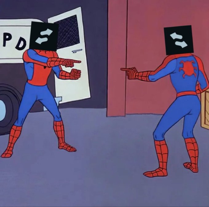 Two cartoon figures dressed as Spider-Man pointing at each other in confusion, with both wearing black boxes on their heads that display a white dollar sign logo.