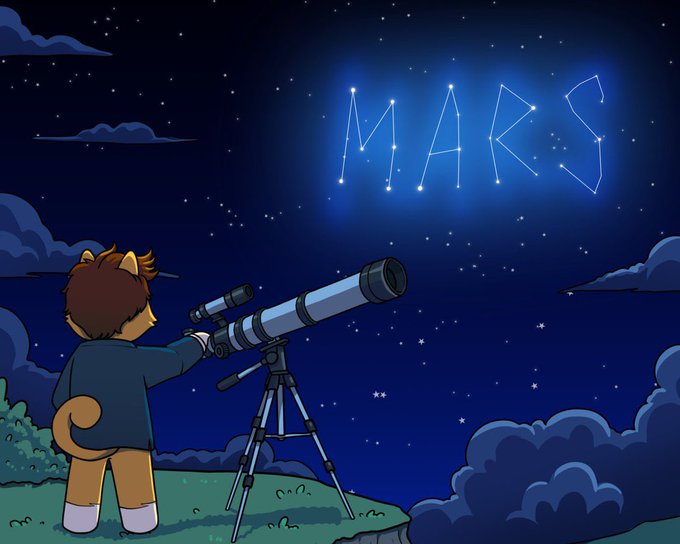 An illustration of a cartoon character with cat ears looking through a telescope at a starry night sky where the word 'MARS' is spelled out in glowing constellation stars.