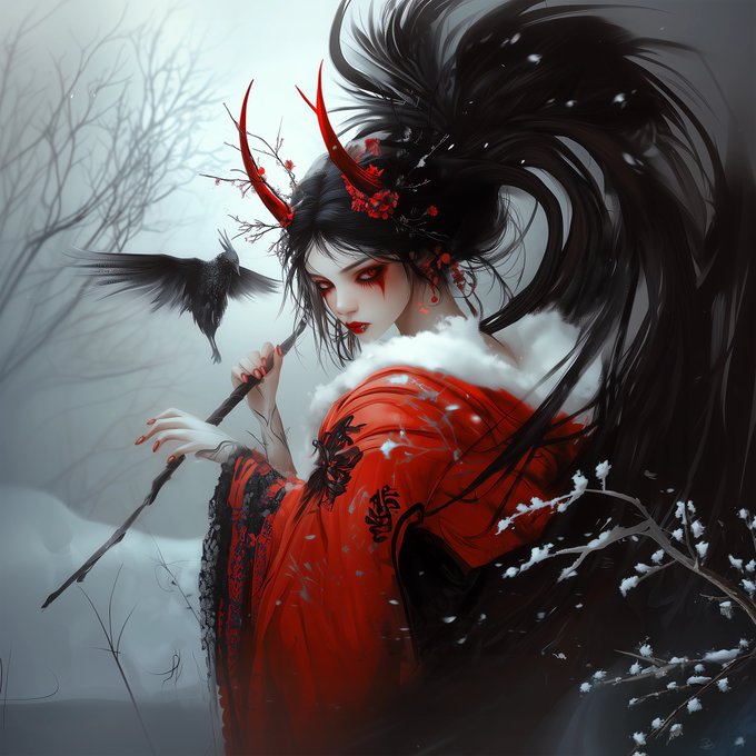 A digital artwork of a woman with long black hair, red horns, red floral hair ornaments, and red eyes, wearing an ornate red kimono with white fur trim, holding a black staff with a crow perched on it in a snowy landscape.
