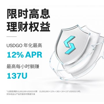 Chinese-language financial advertisement offering a limited-time high-interest wealth management product with USDGO yielding up to 12% APR and earning 137U per hour.