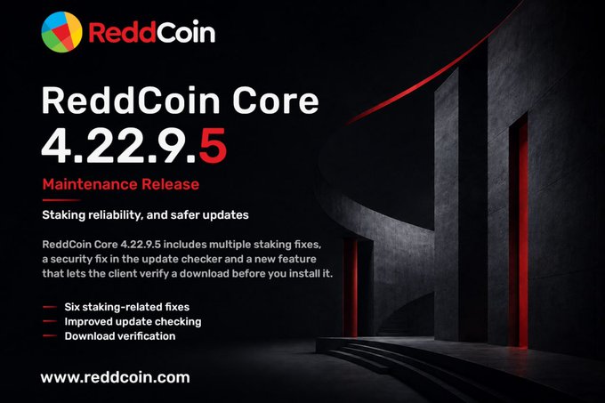 ReddCoin Core 4.22.9.5 Maintenance Release announcement highlighting staking reliability and safer updates, including six staking-related fixes, improved update checking, and download verification.
