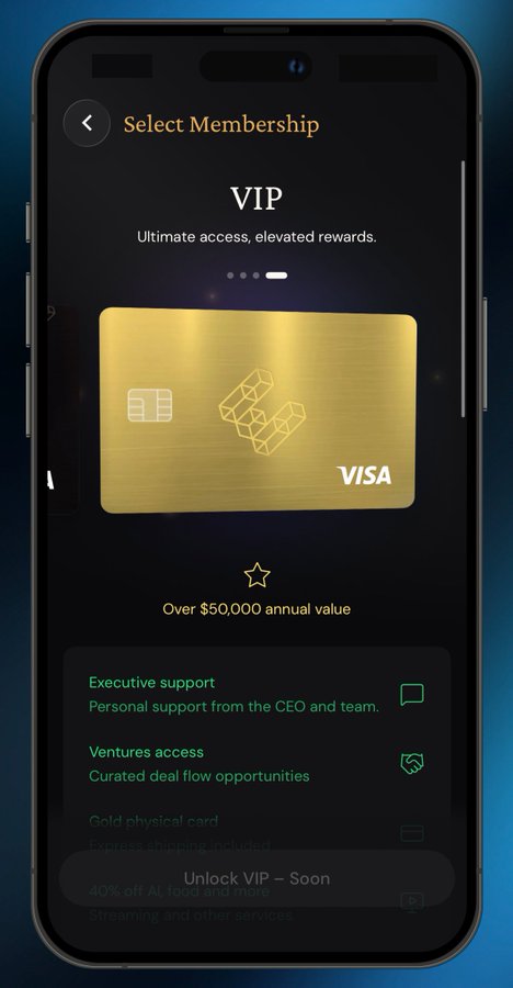 The image shows a mobile app screen titled "Select Membership" featuring a VIP tier with the tagline "Ultimate access, elevated rewards." A gold Visa card is displayed prominently, with an annual value stated as "Over $50,000," along with benefits including executive support, ventures access, and a gold physical card. The accompanying post about EtherFi's Cash Protection Program is not visually related to this image, as the screenshot depicts a premium membership/membership card interface rather than any details about EtherFi's reimbursement program.