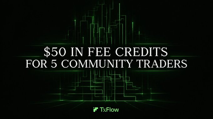 A promotional graphic with green digital line art reading "$50 IN FEE CREDITS FOR 5 COMMUNITY TRADERS" branded with the TxFlow logo.