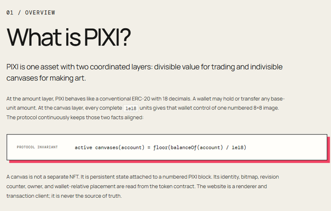 An overview document explaining what PIXI is, highlighting the 'PROTOCOL INVARIANT' formula: active canvases(account) = floor(balanceOf(account) / 1e18).