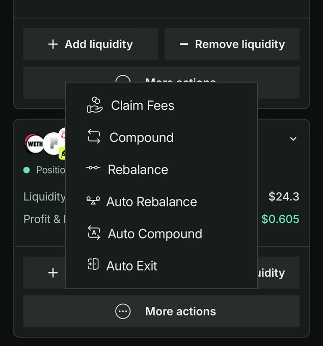 A dropdown menu showing DeFi liquidity pool management options (Claim Fees, Compound, Rebalance, Auto Rebalance, Auto Compound, Auto Exit) over a dark interface displaying a WETH position with $24.3 liquidity and $0.605 profit, illustrating the advanced "More actions" features being brought to a new chain experience.