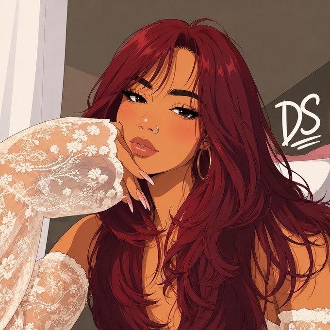 A digital illustration of a young woman with long, wavy red hair, a nose ring, and gold hoop earrings, wearing a white floral lace top and posing with her hand near her face.