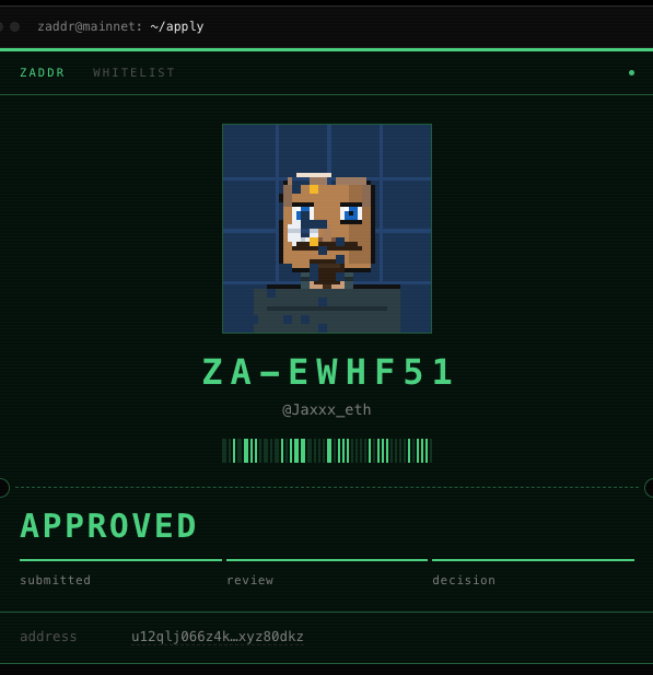 A ZADDR whitelist approval screen displays a pixel art NFT character with the ID 'ZA-EWHF51' (@Jaxx_eth) marked as APPROVED, with address 'u12qlj066z4k...xyz80dkz'.