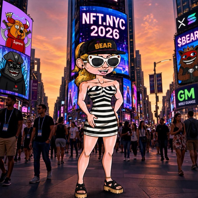 A colorful digital illustration of a cartoon blonde woman wearing a 'BEAR' cap and sunglasses, dancing in front of a Times Square-style billboard displaying 'NFT.NYC 2026' amid a crowd of festival-goers.