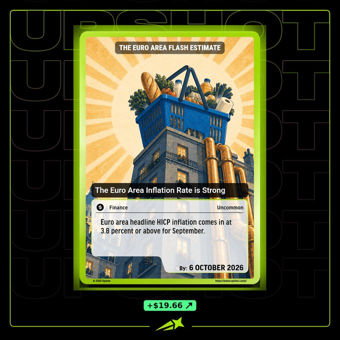 A digital trading card from 'Uptober' dated 6 October 2026 titled 'The Euro Area Flash Estimate,' reporting Euro area headline HICP inflation at 3.8 percent or above for September, with a price tag of +$19.66.