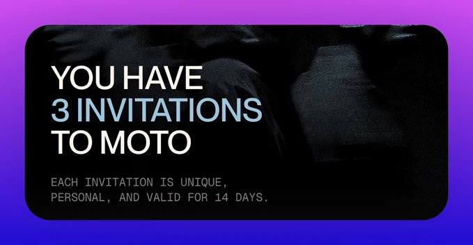 A promotional graphic with a purple background and dark image reading "YOU HAVE 3 INVITATIONS TO MOTO," with text noting each invitation is unique, personal, and valid for 14 days, supporting the post about giving away three invite codes to the Moto app.