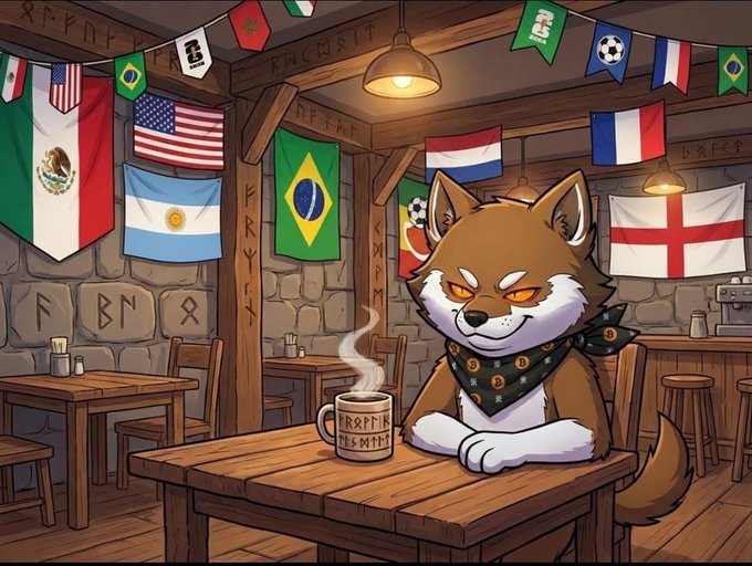 An animated illustration of a smug-looking fox-like character wearing a bandana sits at a wooden table with a steaming mug, surrounded by international flags including Mexico, USA, Argentina, Brazil, South Korea, France, and England, with runic writing on the stone walls.