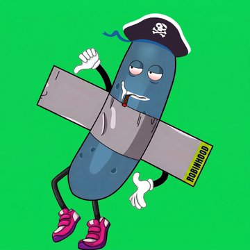 A cartoon illustration of an anthropomorphized eggplant wearing a pirate hat with skull and crossbones, taped together with gray duct tape, wearing pink sneakers, and holding a yellow 'ROACHWOOD' tag against a bright green background.