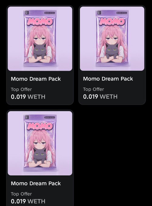The image shows three NFT listings titled "Momo Dream Pack" with "Top Offer" prices of "0.019 WETH" each, featuring identical purple-themed anime artwork of a pink-haired girl holding a black cat with the word "MOMO" displayed on the packaging. This appears to showcase the user's minted Momo Dream Pack NFTs on the TessonChain platform, currently listed during the FCFS (First Come, First Served) phase awaiting buyers.