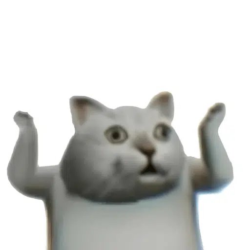 A white cat with a human-like body raising its paws in a shrugging gesture against a white background.