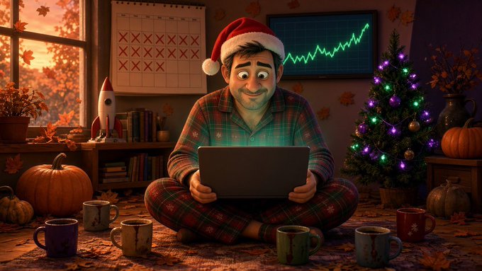 A man in pajamas and a Santa hat sits on the floor surrounded by pumpkins, coffee mugs, and a Christmas tree, smiling eagerly at his laptop with a stock chart on screen. The image humorously captures the "Wen uptober?" meme, depicting the anxious anticipation of a seasonal crypto or stock market rally — with Halloween decor (pumpkins) already hinting that "uptober" hasn't even arrived, while Christmas lights suggest it's taking much longer than expected.

Visible text: "Wen uptober ?" (in the accompanying post).