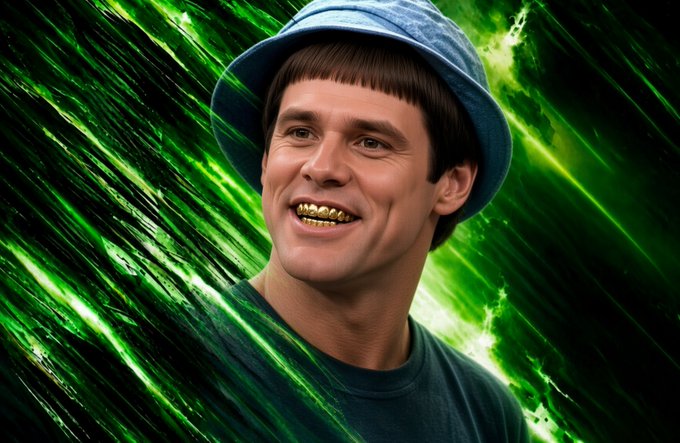 A man resembling Jim Carrey's character Lloyd Christmas from "Dumb and Dumber" grins widely, revealing gold-plated teeth, while wearing his signature blue bucket hat against a vibrant green, electrified background—evoking the iconic "most annoying sound in the world" scene and channeling $Lloyd meme energy.