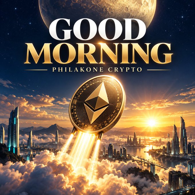 A vibrant "Good Morning" graphic from Philakone Crypto features a glowing Ethereum coin launching like a rocket over a futuristic cityscape at sunrise, tying into the optimistic Friday market outlook. The upward trajectory of the coin visually reinforces the post's message about spotting promising crypto setups for the day.