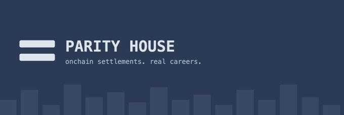 Logo for 'PARITY HOUSE' with the tagline 'onchain settlements. real careers.' displayed in white text on a dark blue background with a city skyline silhouette.
