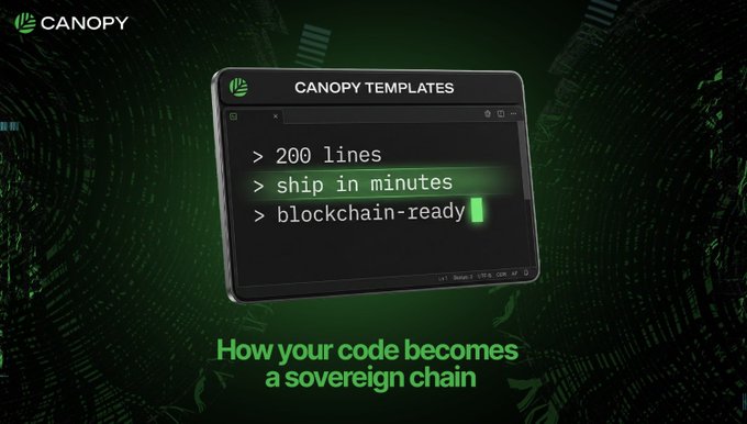 A promotional graphic for 'CANOPY TEMPLATES' featuring a code snippet that reads '> 200 lines', '> ship in minutes', and '> blockchain-ready', with the text 'How your code becomes a sovereign chain' below.