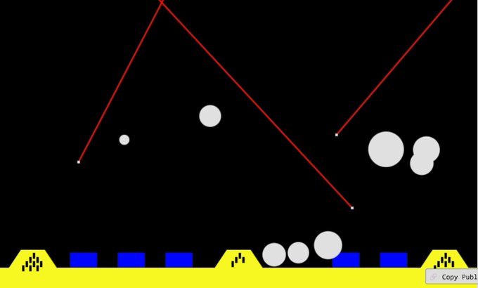 A pixel-art style game scene with red diagonal lines, white circular objects, and a yellow and blue platform at the bottom, with a 'Copy Pub' label.