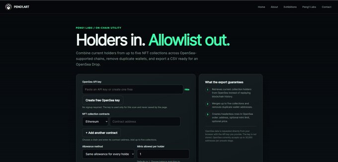 PENK3 LABS web interface titled 'Holders in. Allowlist out.' — an on-chain utility tool that combines current holders from up to five NFT collections across OpenSea-supported chains, removes duplicate wallets, and exports a CSV ready for an OpenSea Drop.