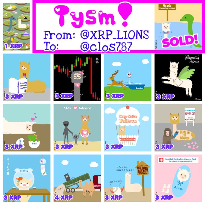 An XRP NFT trading display titled 'TySm!' showing a transaction from @XRP.LIONS to @cLoS787, featuring various 3 XRP-priced alpaca and cat character collectibles including a sold sign and hospital-themed piece.