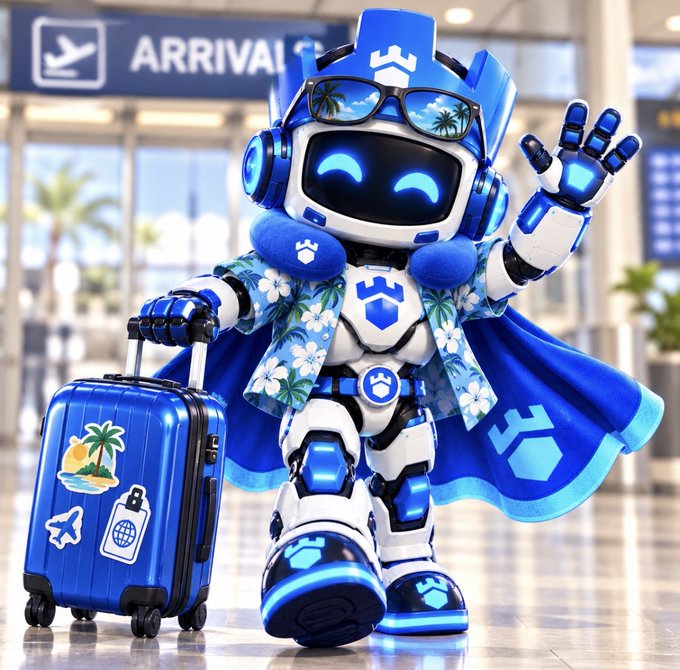 A cheerful blue and white robot wearing sunglasses, a Hawaiian shirt, and a cape waves hello while rolling a travel suitcase decorated with palm tree and airplane stickers through an airport arrivals area, beneath a sign reading "ARRIVALS." The vacation-ready robot visually reinforces the post's "$20 giveaway" by symbolizing travel and excitement, inviting engagement through a comment and Solana address drop.
