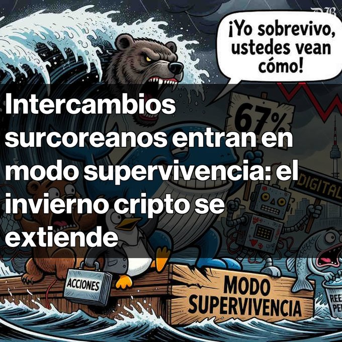A dramatic illustration shows various animals—including a bear, shark, bird, and others—surviving on a raft in stormy waters, with one bear declaring "¡Yo sobrevivivo, ustedes vean cómo!" in a speech bubble. The image is overlaid with the headline "Intercambios surcoreanos entran en modo supervivencia: el invierno cripto se extiende," along with key stats including "67%," "DIGITAL," "ACCIONES," and "MODO SUPERVIVENCIA" on the raft—visually reinforcing the article's message that South Korean crypto exchanges, led by Upbit's 67.4% market share, are battling a severe second crypto winter.