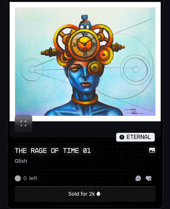 An NFT listing titled 'THE RAGE OF TIME 01' by artist Glish on the ETERNAL platform, sold for 2k, showing a colorful surreal portrait of a blue-skinned figure with gear-like headwear.