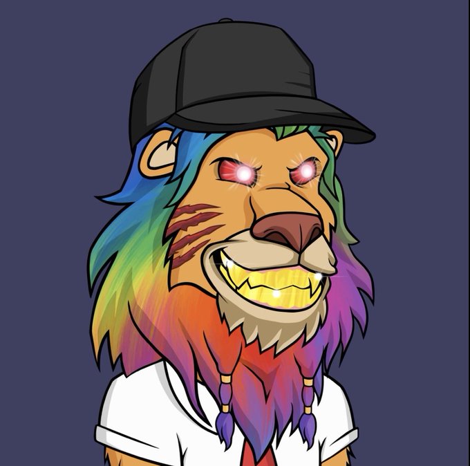 A digital illustration of a lion character with a rainbow-colored mane, gold teeth, glowing red eyes, and a black baseball cap against a dark blue background.