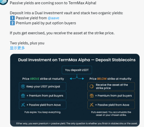 A promotional graphic for TermMax Alpha's Dual Investment vault, explaining how depositing USDT yields both passive returns from @aave and premium from put option buyers, with scenarios shown for price above or below strike at maturity.