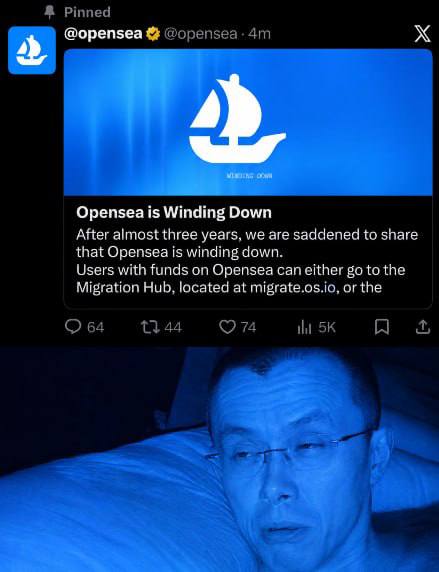 A somber man sits in bed illuminated by blue light beneath a pinned tweet from @opensea announcing "Opensea is Winding Down" after nearly three years, directing users to migrate via migrate.os.io. The post's prediction that @opensea would be next appears to have come true, as the image captures the melancholy realization of that forecast.
