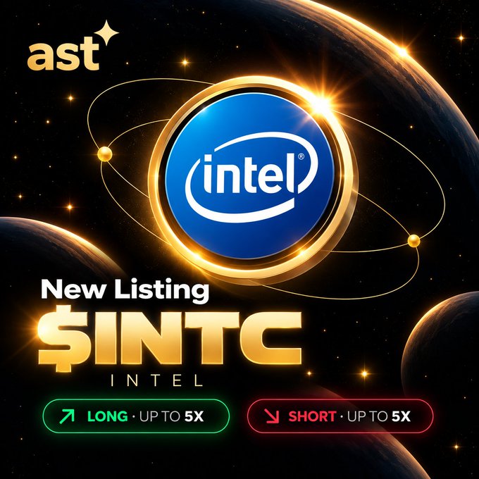 A promotional graphic from "ast" displays a large Intel logo surrounded by golden rings against a space backdrop with planets, announcing a "New Listing" for the $INTC token with "LONG - UP TO 5X" and "SHORT - UP TO 5X" trading options.