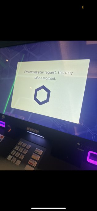 A Newlotto terminal screen displays the message 'Processing your request. This may take a moment.' above a hexagonal logo.