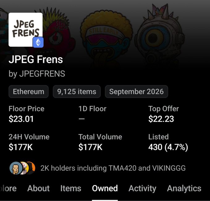 A mobile screenshot showing the JPEG Frens NFT collection on Ethereum with a floor price of $23.01, 9,125 items, and 2K holders.