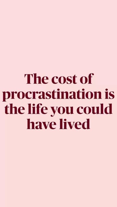 A pink background features the bold text 'The cost of procrastination is the life you could have lived'.