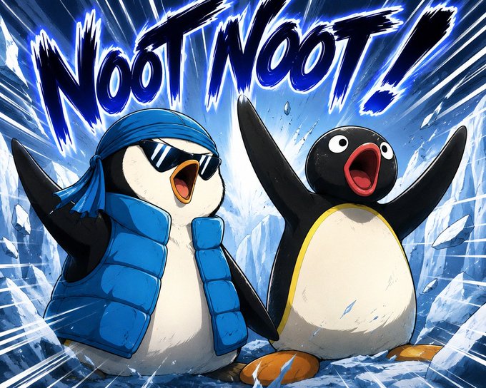 Two cartoon penguins—one in a blue vest and sunglasses—exclaim “Noot Noot!” amid a burst of icy energy, promoting the $PINGU (ピングー) token that leverages a beloved character for big market potential.