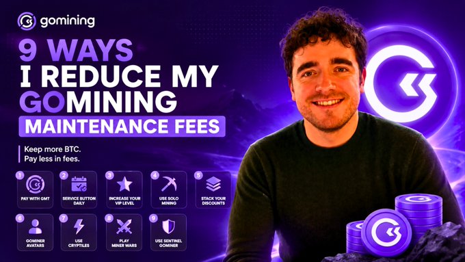 A YouTube thumbnail or promotional graphic for 'gomining' featuring a smiling young man alongside the headline '9 WAYS I REDUCE MY GOMINING MAINTENANCE FEES' and the subtext 'Keep more BTC. Pay less in fees.', with icons listing tips like 'PAY WITH GMT', 'SERVICE BUTTON DAILY', and 'USE SOLO MINING'.