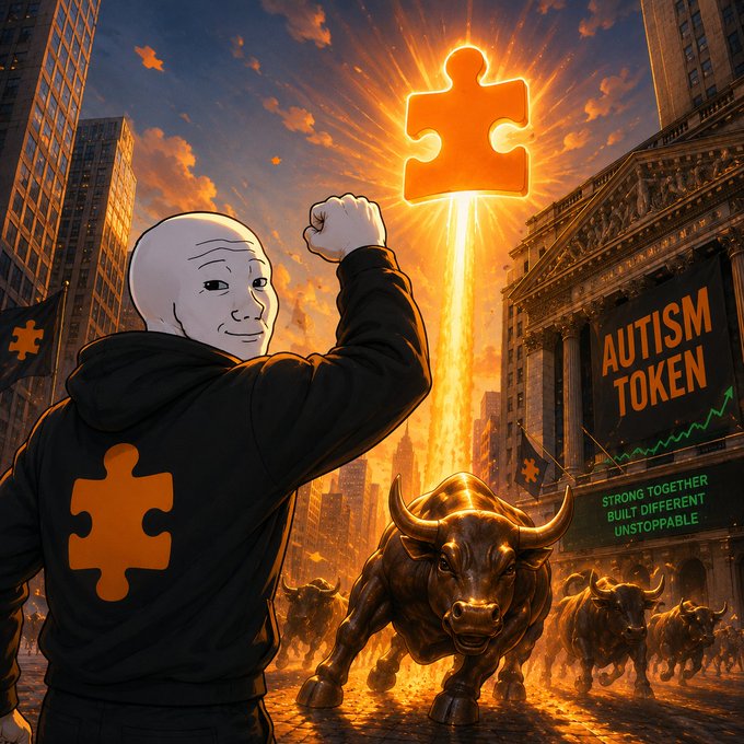 The image features a man wearing an orange hoodie with a bull's head design, standing next to a group of bulls running through a city street at sunset. The bulls are charging towards him as he stands his ground, holding up a puzzle piece that is being used to lift off into the air and fly above them.

The post about GM Woke up and still Bullish on $Autism suggests that there might be some connection between the bull's head design on the man's hoodie and the recent trend of companies using bull imagery in their branding or marketing campaigns, possibly as a symbol of strength or power. The bulls running through the city street could represent the idea of overcoming challenges or obstacles, which is often associated with the bull motif.