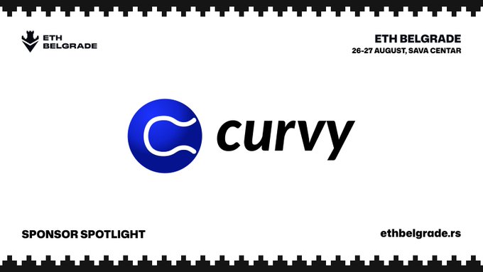 A promotional graphic for ETH Belgrade featuring the Curvy logo, indicating Curvy as a sponsor spotlight for the event taking place 26-27 August at Sava Centar.